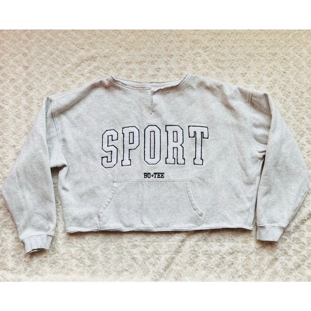 Bo + Tee Women Marl Grey Oversized Soft Cotton Varsity Crewneck Sweatshirt Small